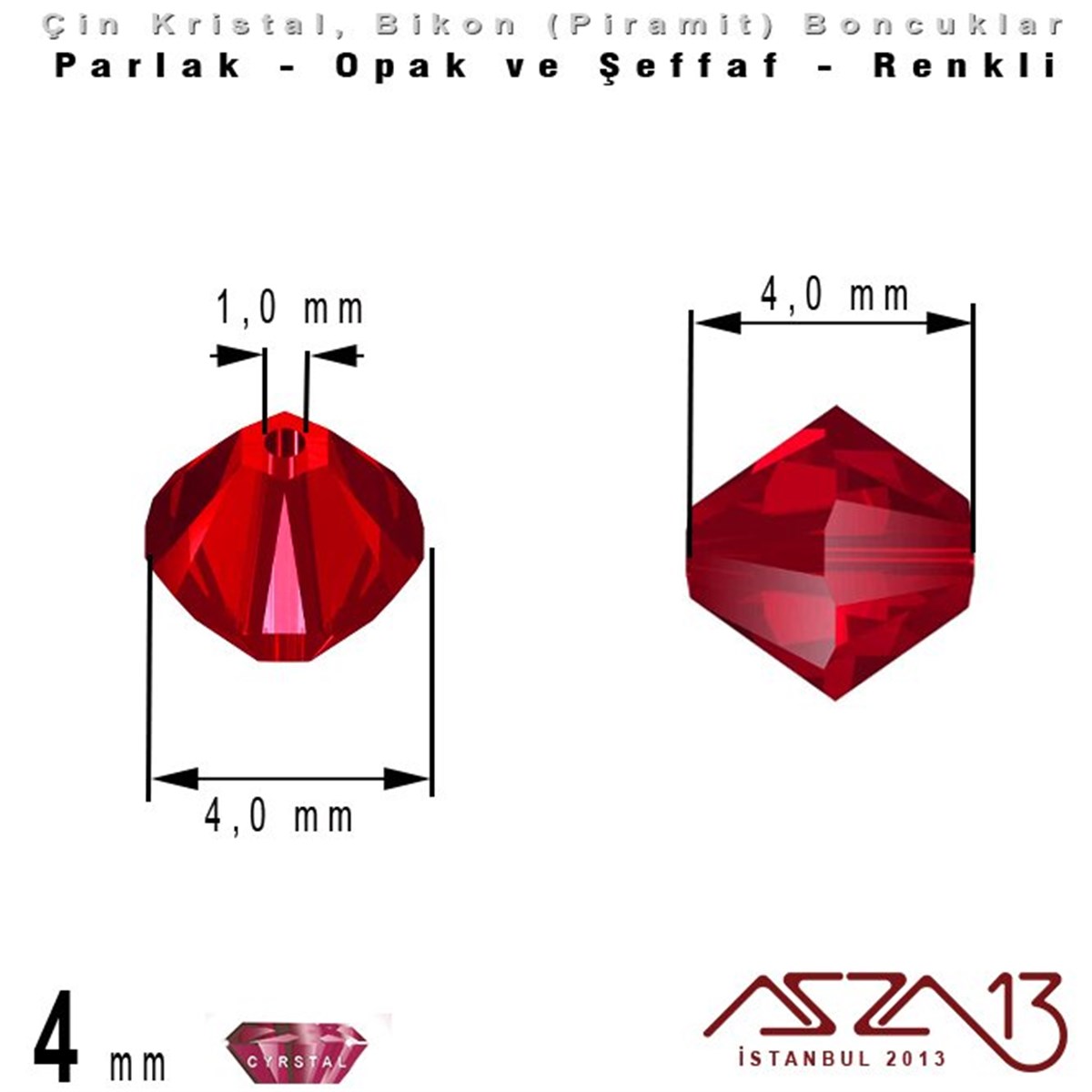 4x4 mm - Kristal - Şeffaf Siam - Bikon (Piramit) Boncuk / 115 Adet