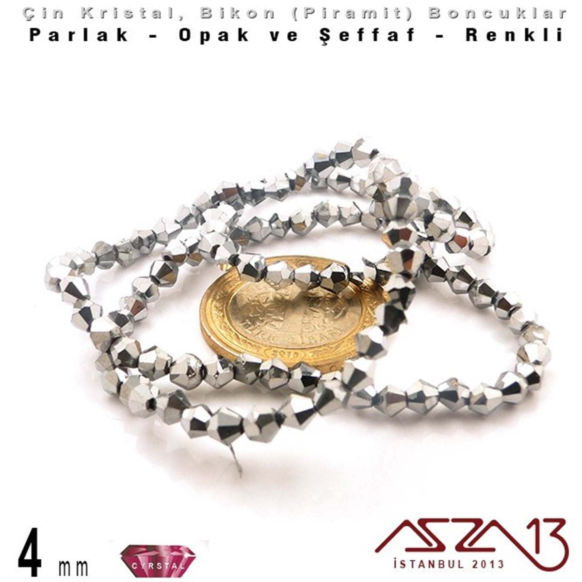4x4 mm - Kristal - Metalik Rodyum - Bikon (Piramit) Boncuk / 115 Adet
