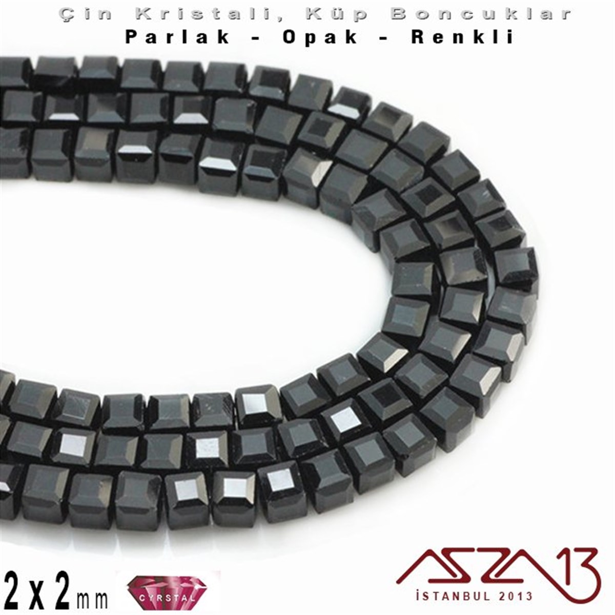 2x2 mm - Kristal - Opak Siyah - Küp Boncuk / 195 Adet