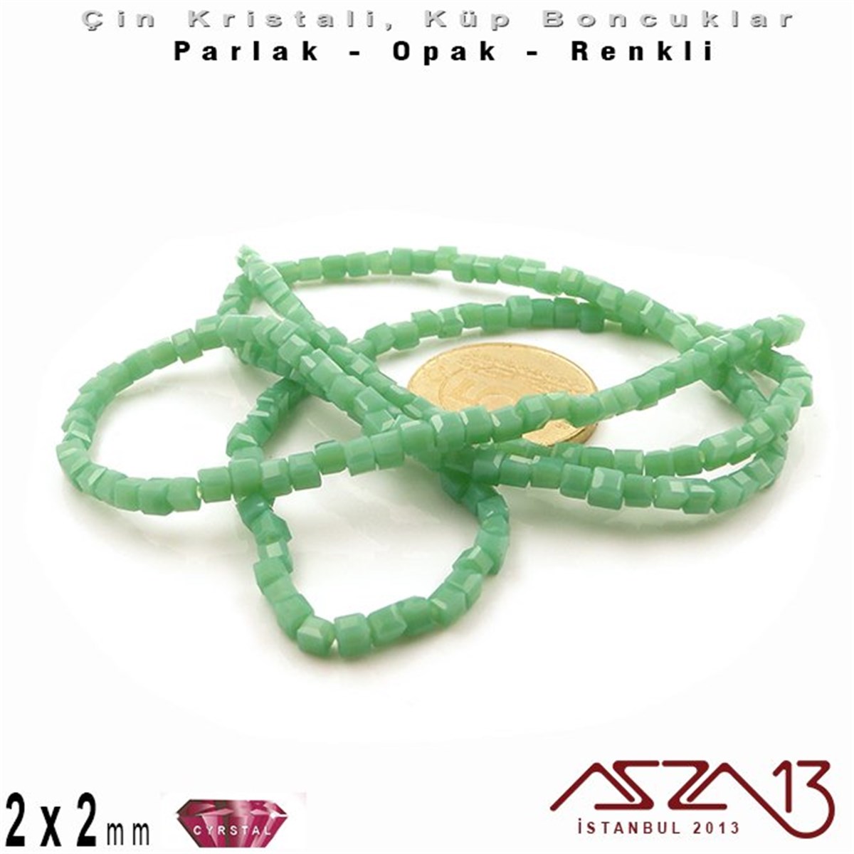 2x2 mm - Kristal - Opak Çağla Yeşili - Küp Boncuk / 195 Adet