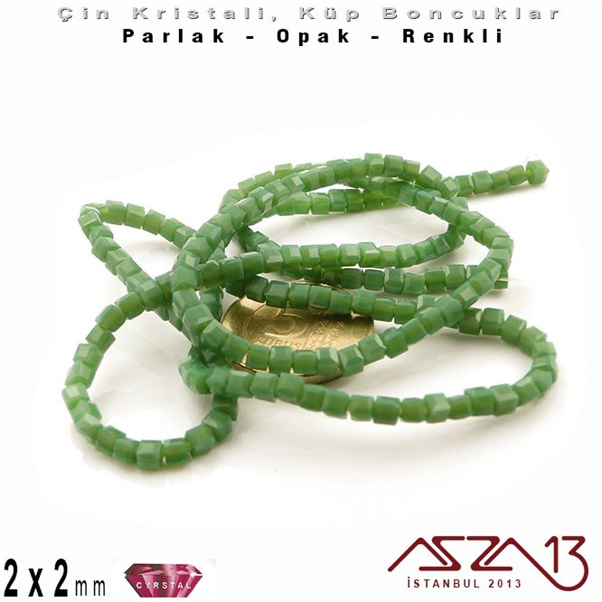2x2 mm - Kristal - Opak Yeşil - Küp Boncuk / 195 Adet