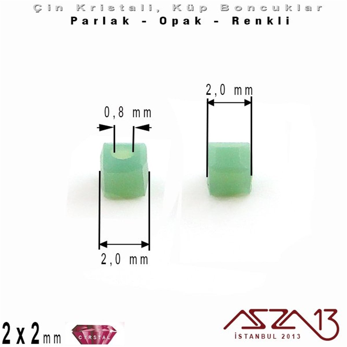 2x2 mm - Kristal - Opak Çağla Yeşili - Küp Boncuk / 195 Adet