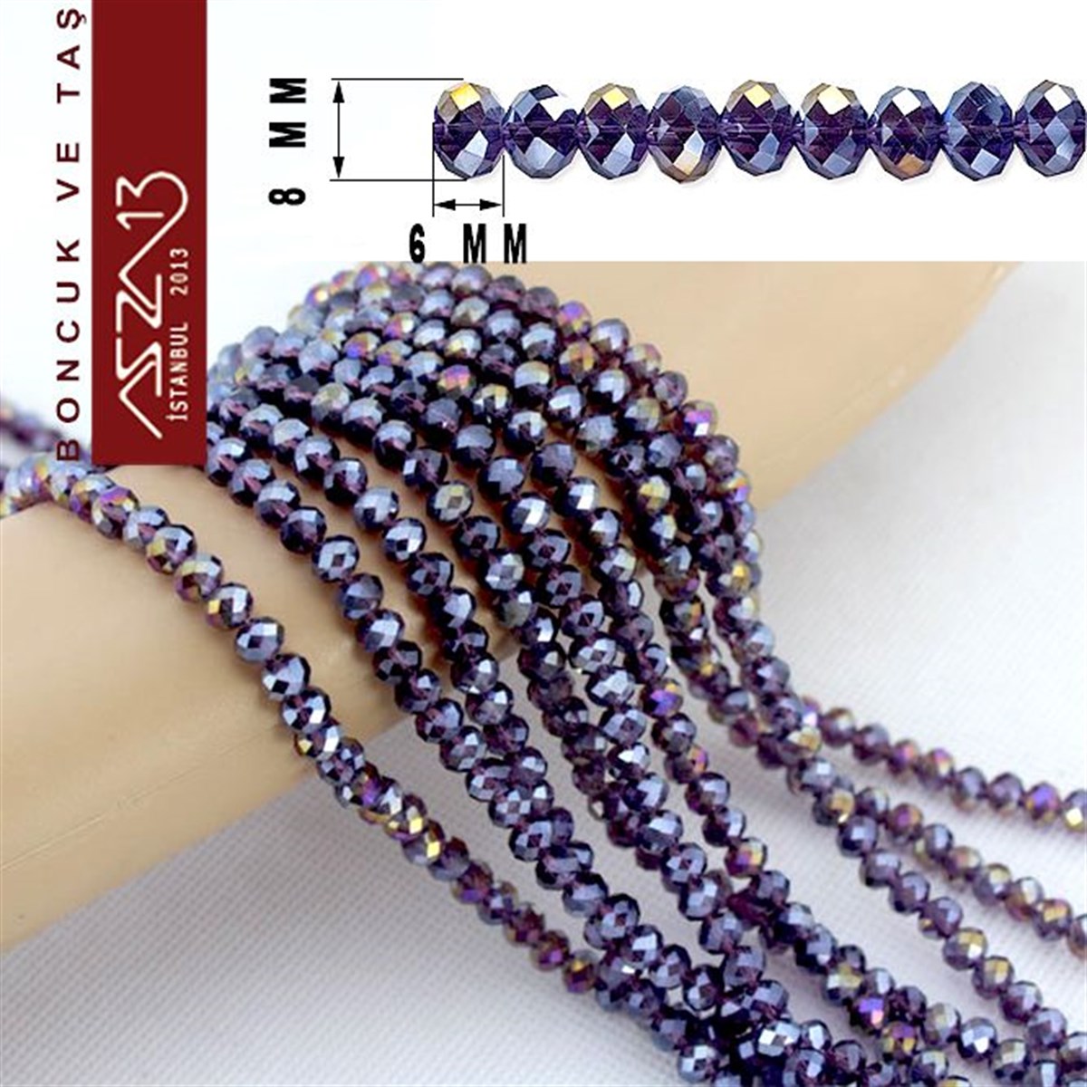 6x8 mm - Kristal - Efektli Koyu Ametis (Amethyst) - Rondela Boncuk / 70 Adet