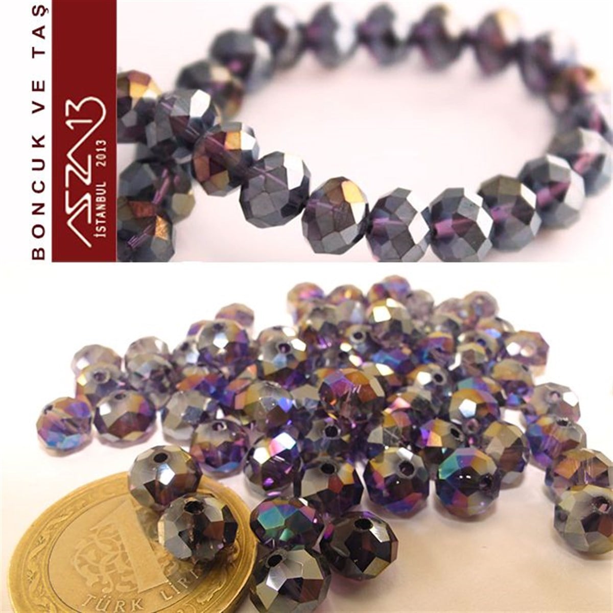 6x8 mm - Kristal - Efektli Koyu Ametis (Amethyst) - Rondela Boncuk / 70 Adet
