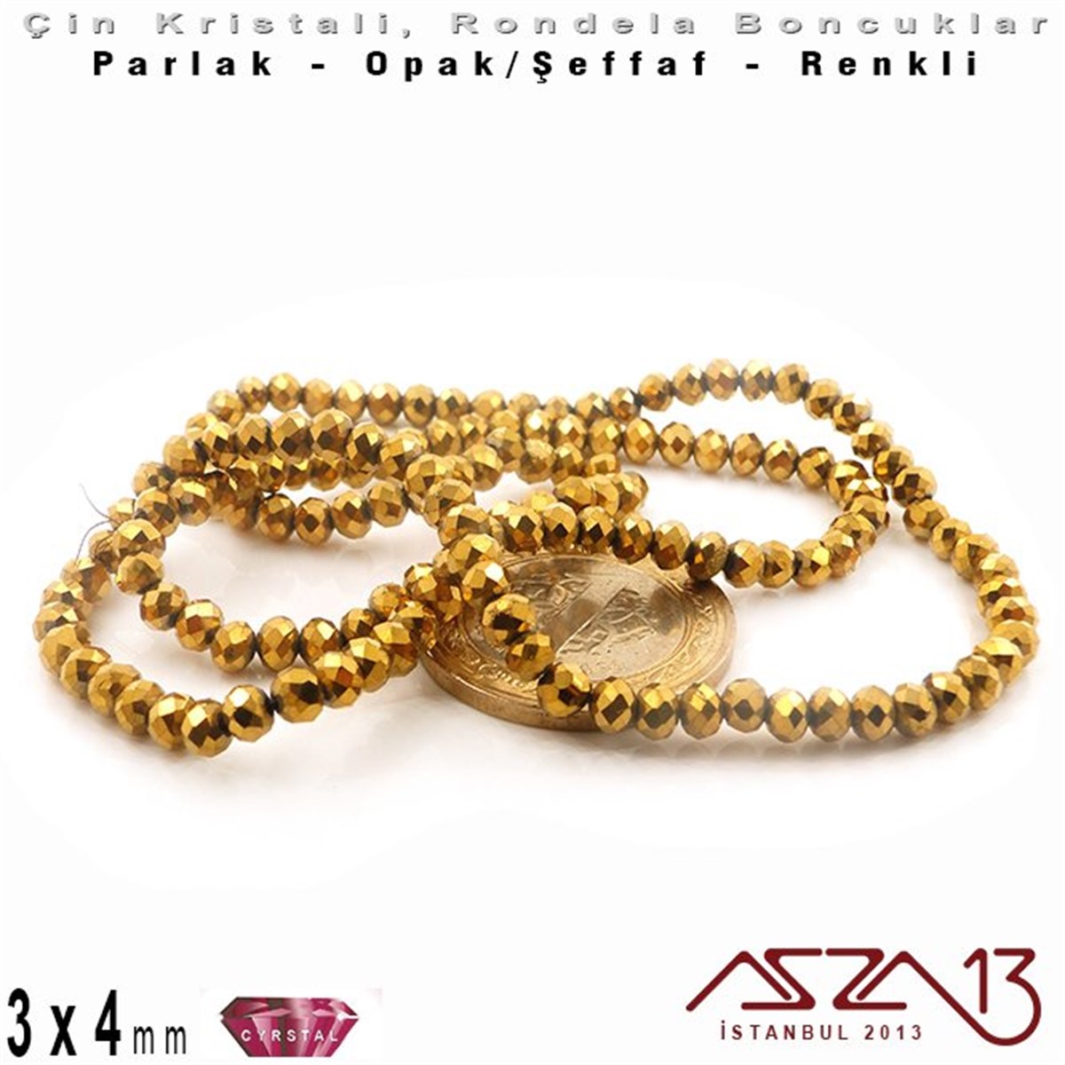 3x4 mm - Kristal - Efektli Metalik Altın - Rondela Boncuk / 145 Adet