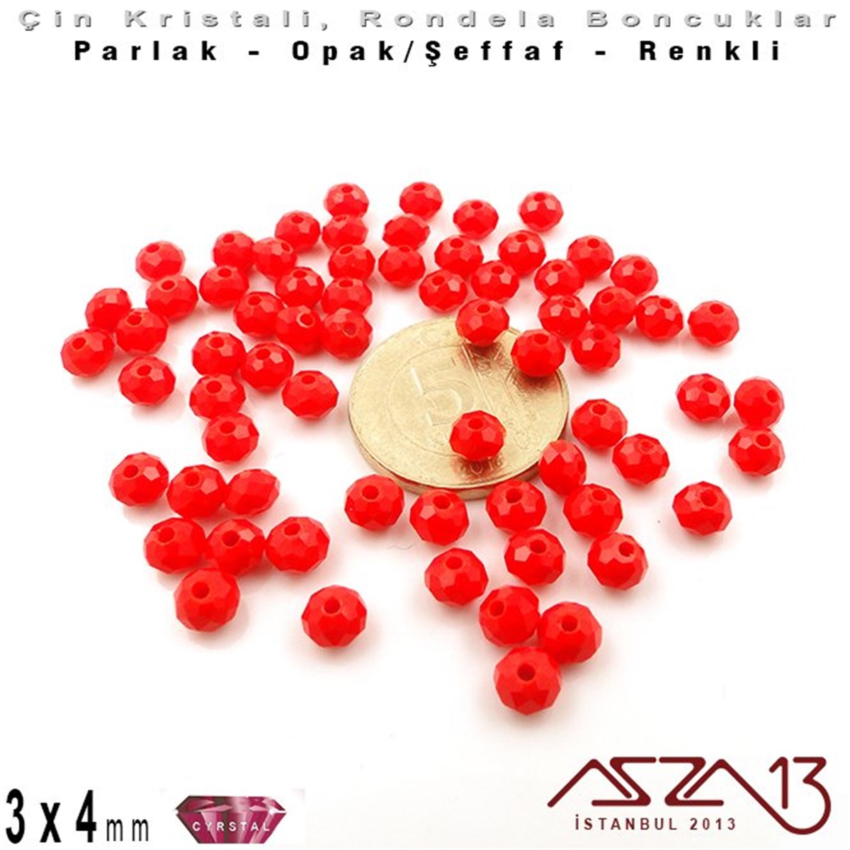 3x4 mm - Kristal - Opak Bayrak Kırmızı - Rondela Boncuk / 145 Adet
