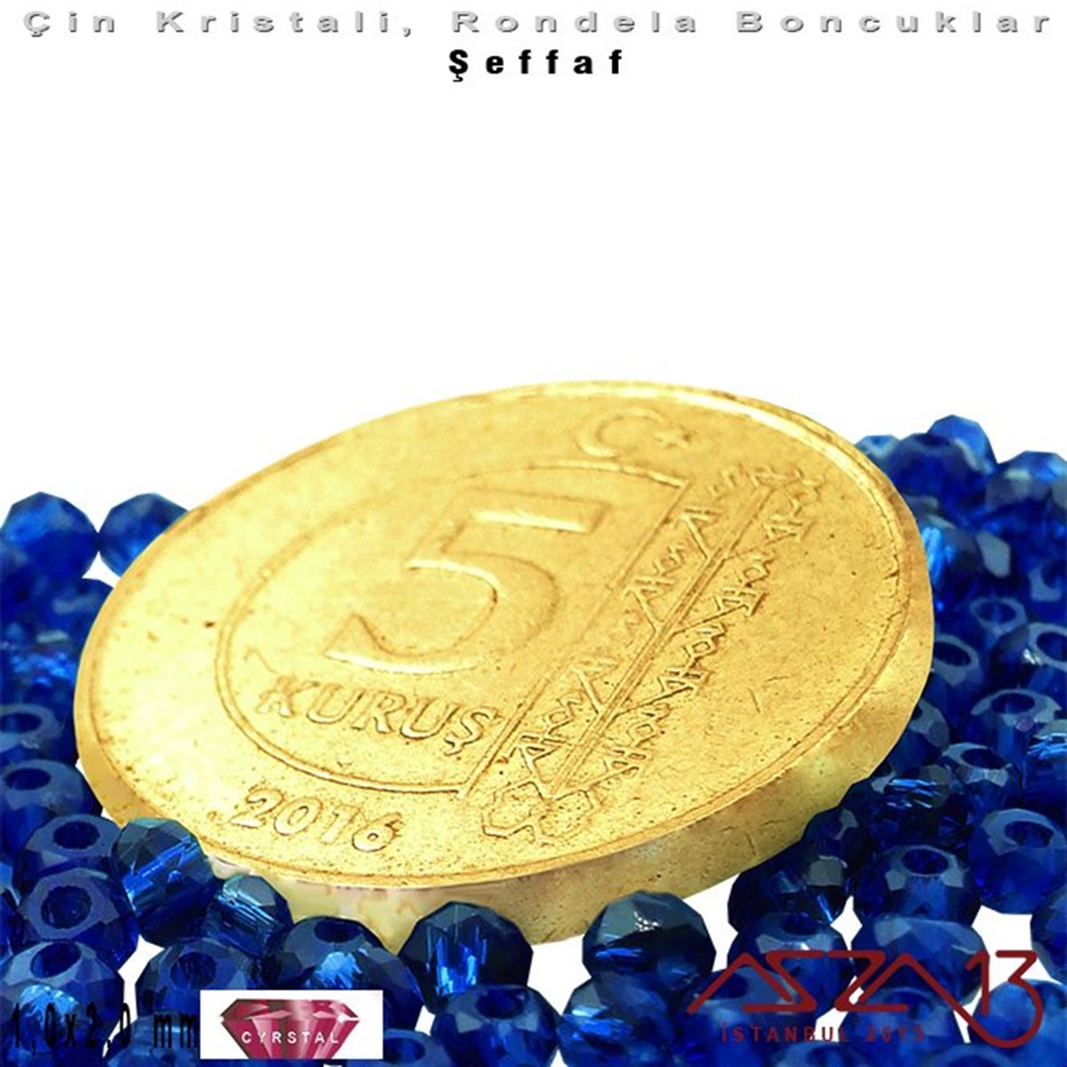 Şeffaf - 1x2 mm - Royal Mavi - Kristal Rondela Boncuk / 210 Adet