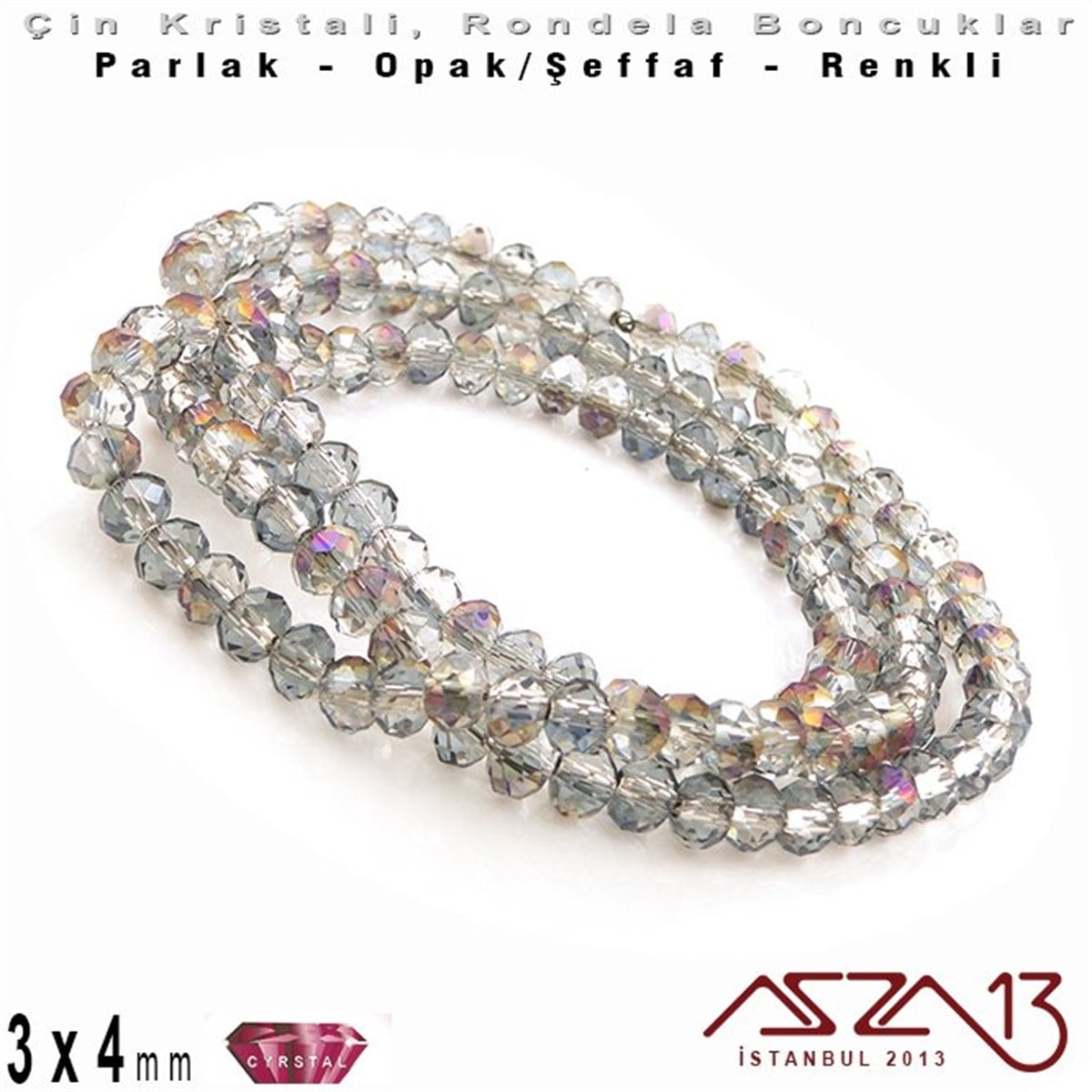 3x4 mm - Kristal - Efektli Şeffaf Silver Night - Rondela Boncuk / 145 Adet