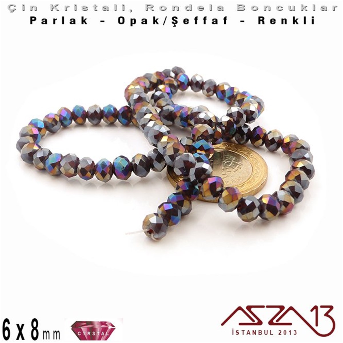 6x8 mm - Kristal Metalik Mavi Mor - Rondela Boncuk / 70 Adet