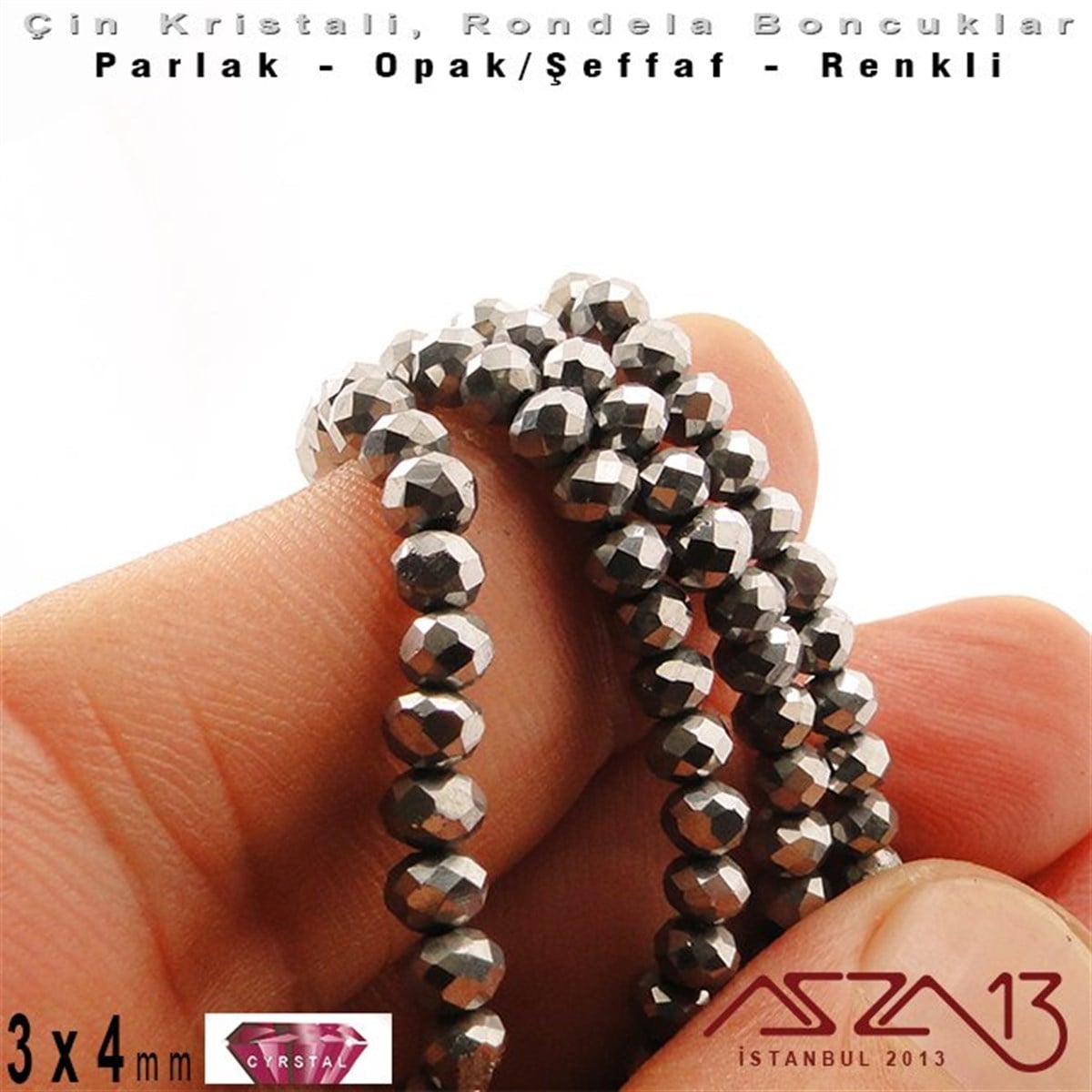 3x4 mm - Kristal - Efektli Metalik Gümüş - Rondela Boncuk / 145 Adet