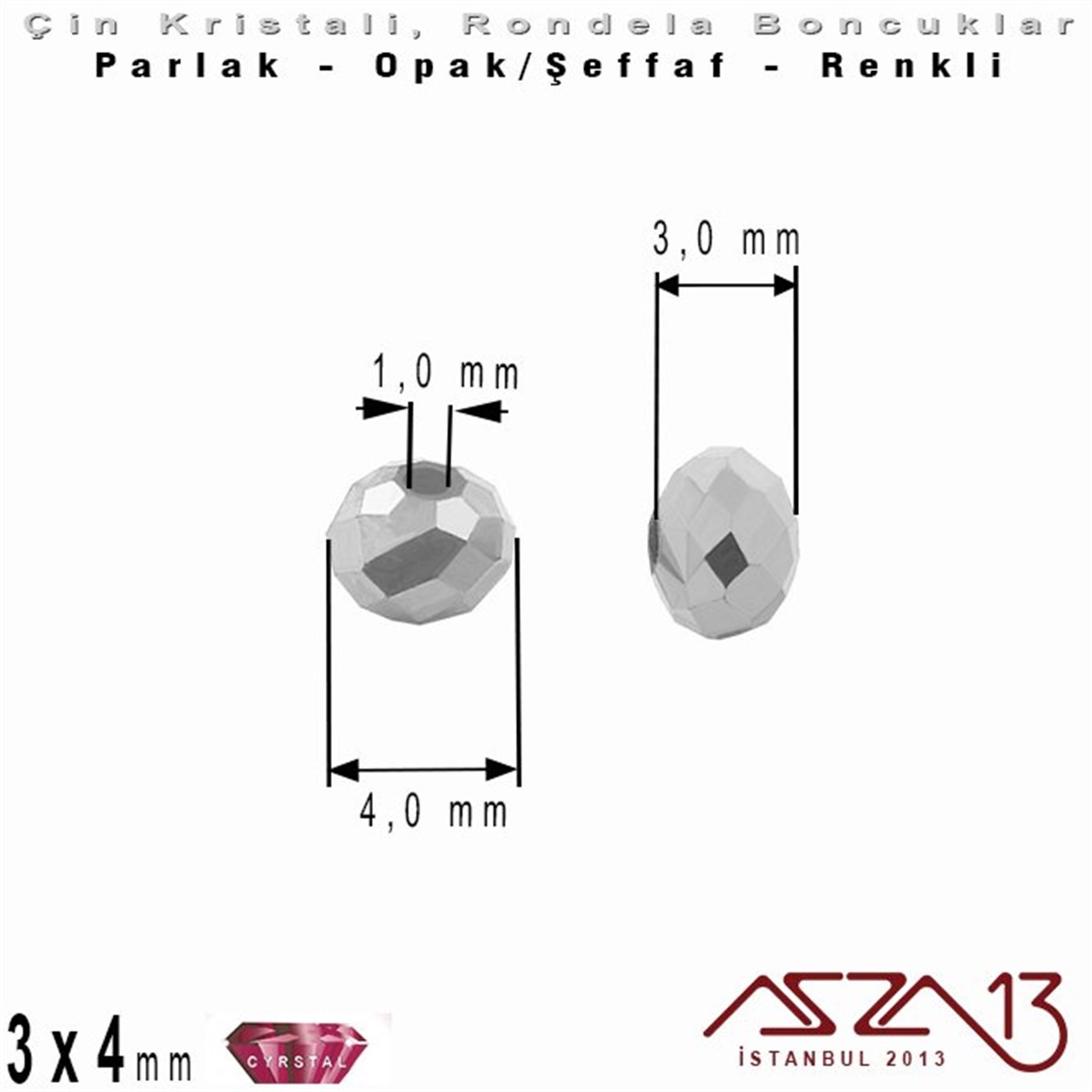3x4 mm - Kristal - Efektli Metalik Gümüş - Rondela Boncuk / 145 Adet