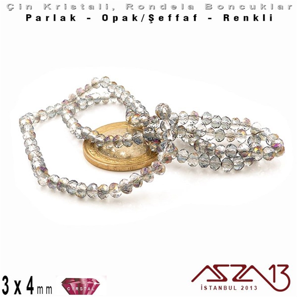 3x4 mm - Kristal - Efektli Şeffaf Silver Night - Rondela Boncuk / 145 Adet