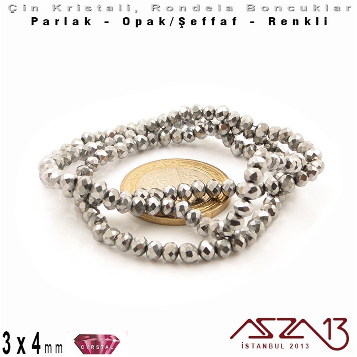 3x4 mm - Kristal - Efektli Metalik Gümüş - Rondela Boncuk / 145 Adet