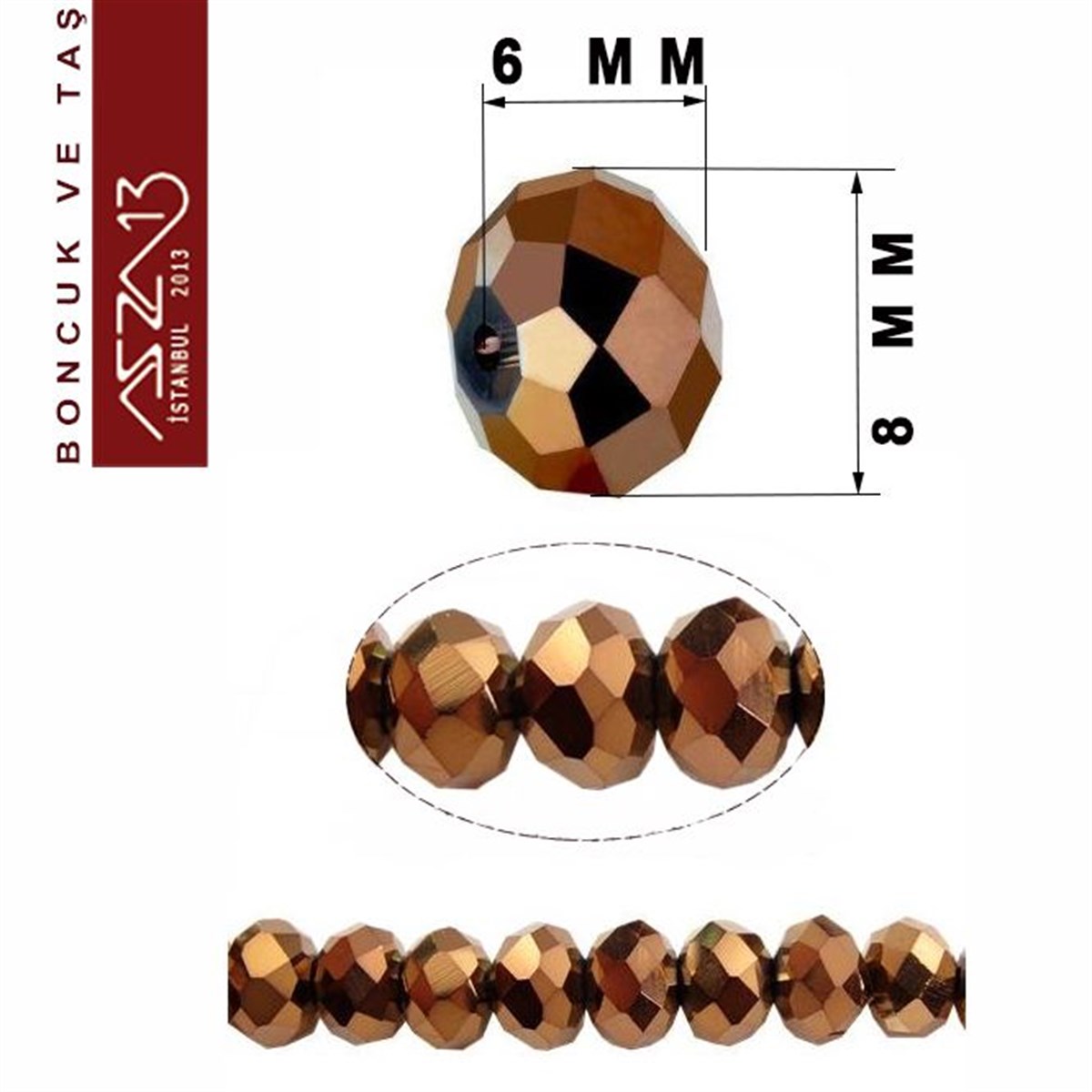 6x8 mm - Kristal - Metalik Bronz - Rondela Boncuk / 70 Adet