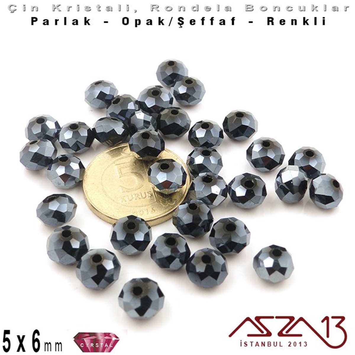 5x6 mm - Kristal - Efektli Antrasit - Rondela Boncuk / 100 Adet