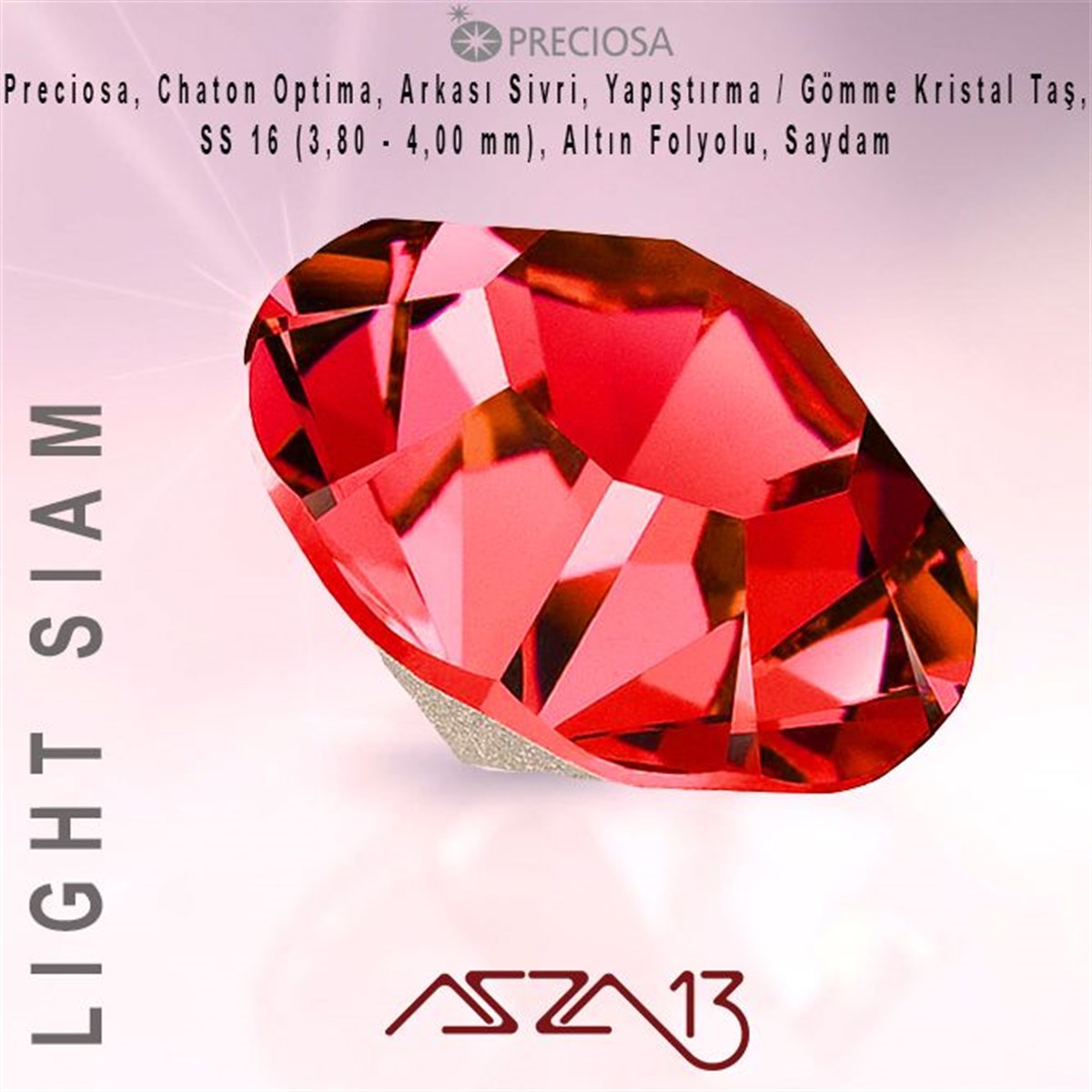 SS16 Optima (3,9 mm) Altı Sivri Light Siam, Kristal Taş  / Paket İçeriği 72 Adet