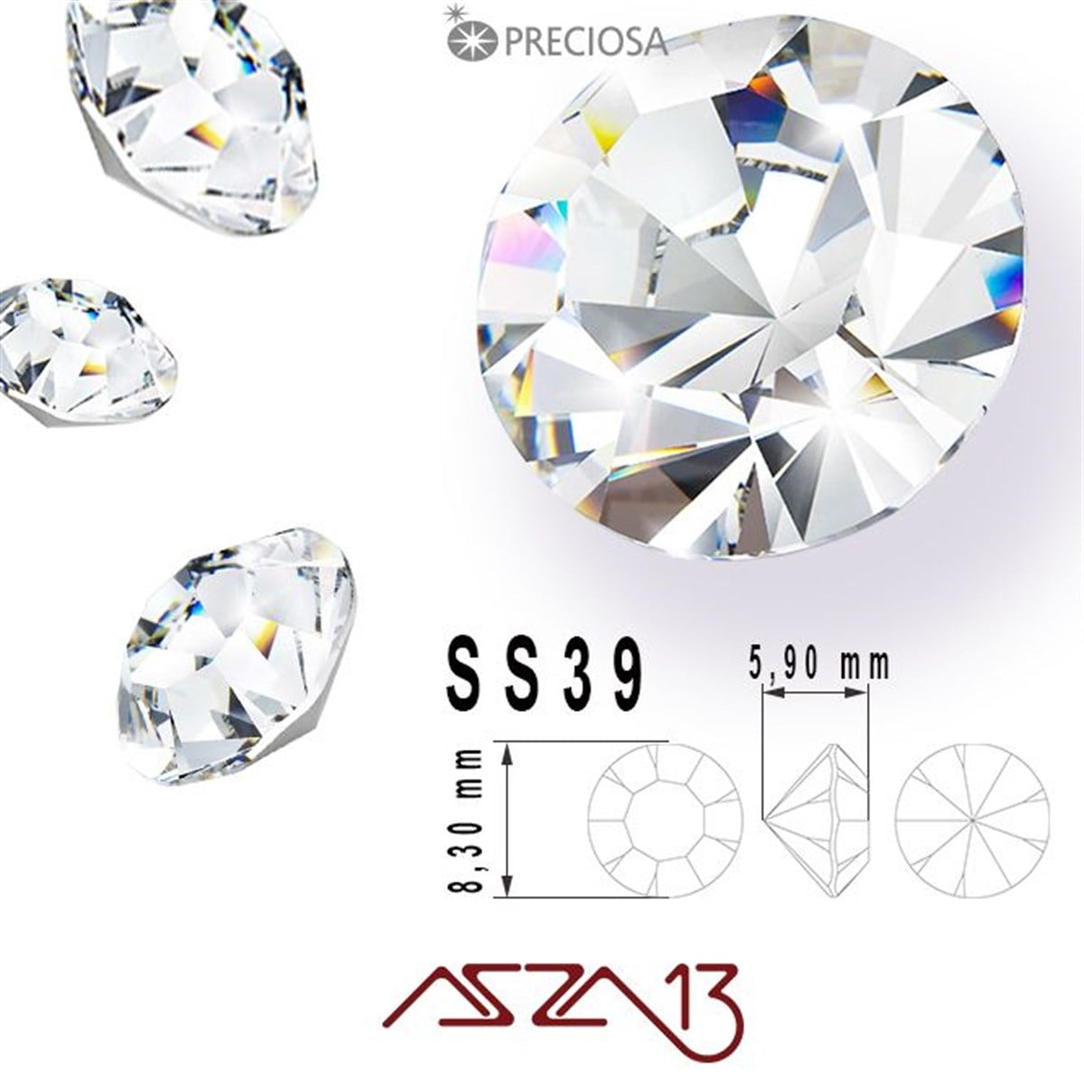 SS39 Optima (8,3 mm) Altı Sivri Crystal, Kristal Taş  / Paket İçeriği 9 Adet