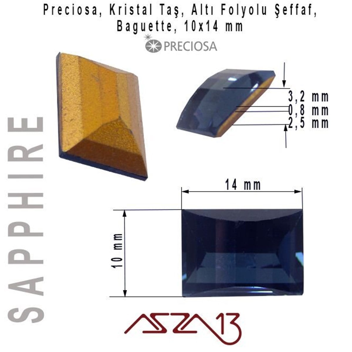 Safir 10x14 mm Baget Kristal Taş / Paket İçeriği 1 Adet