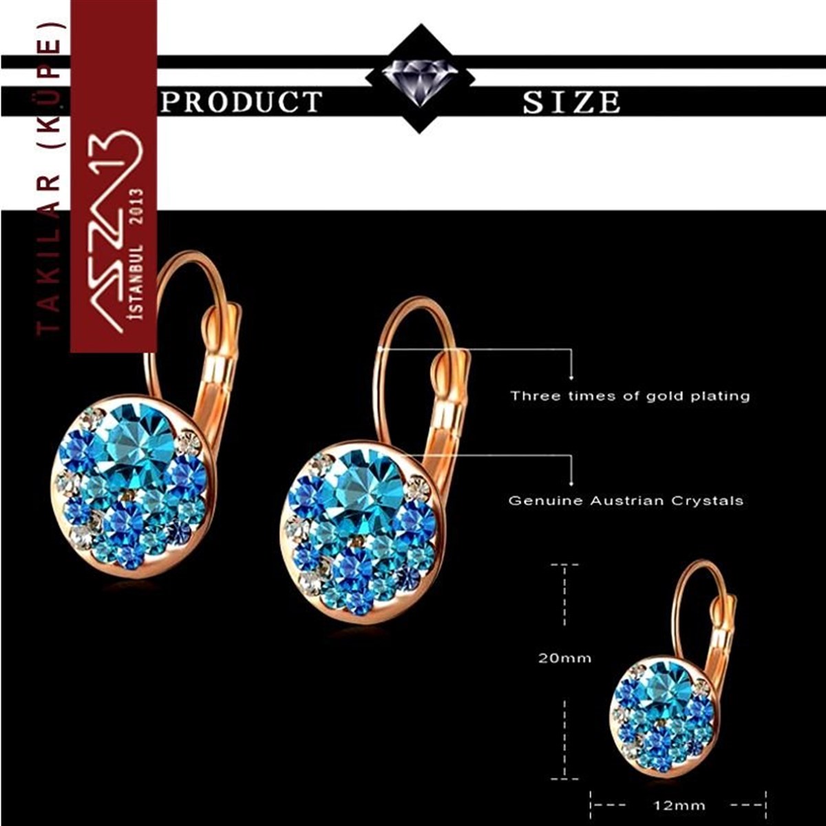Akuamarin Kristal Taşlı Rose Gold Sallantı Küpe