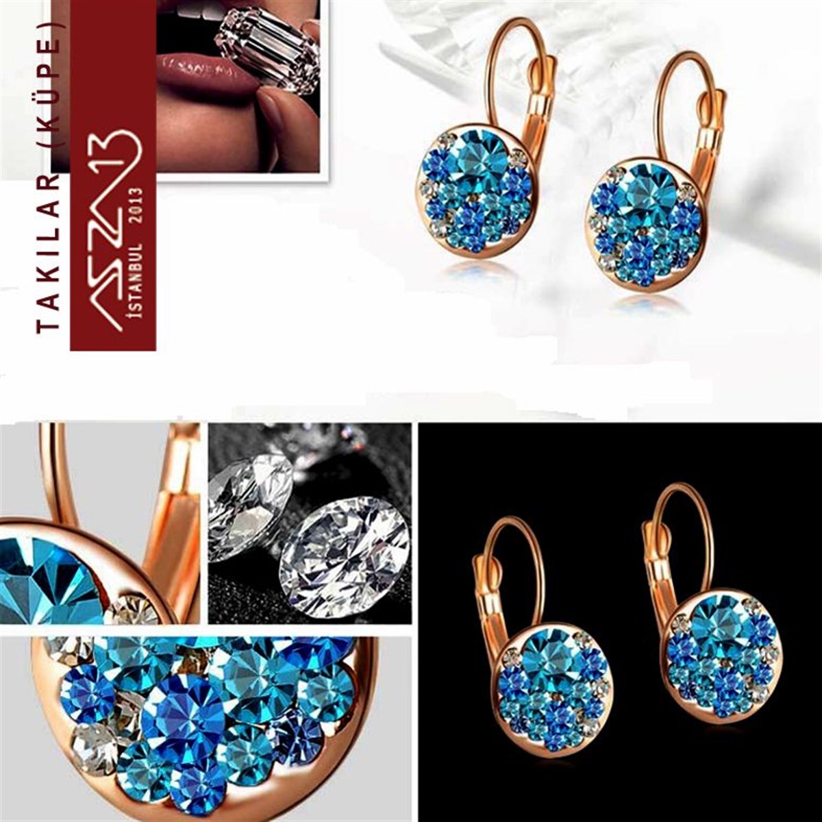 Akuamarin Kristal Taşlı Rose Gold Sallantı Küpe
