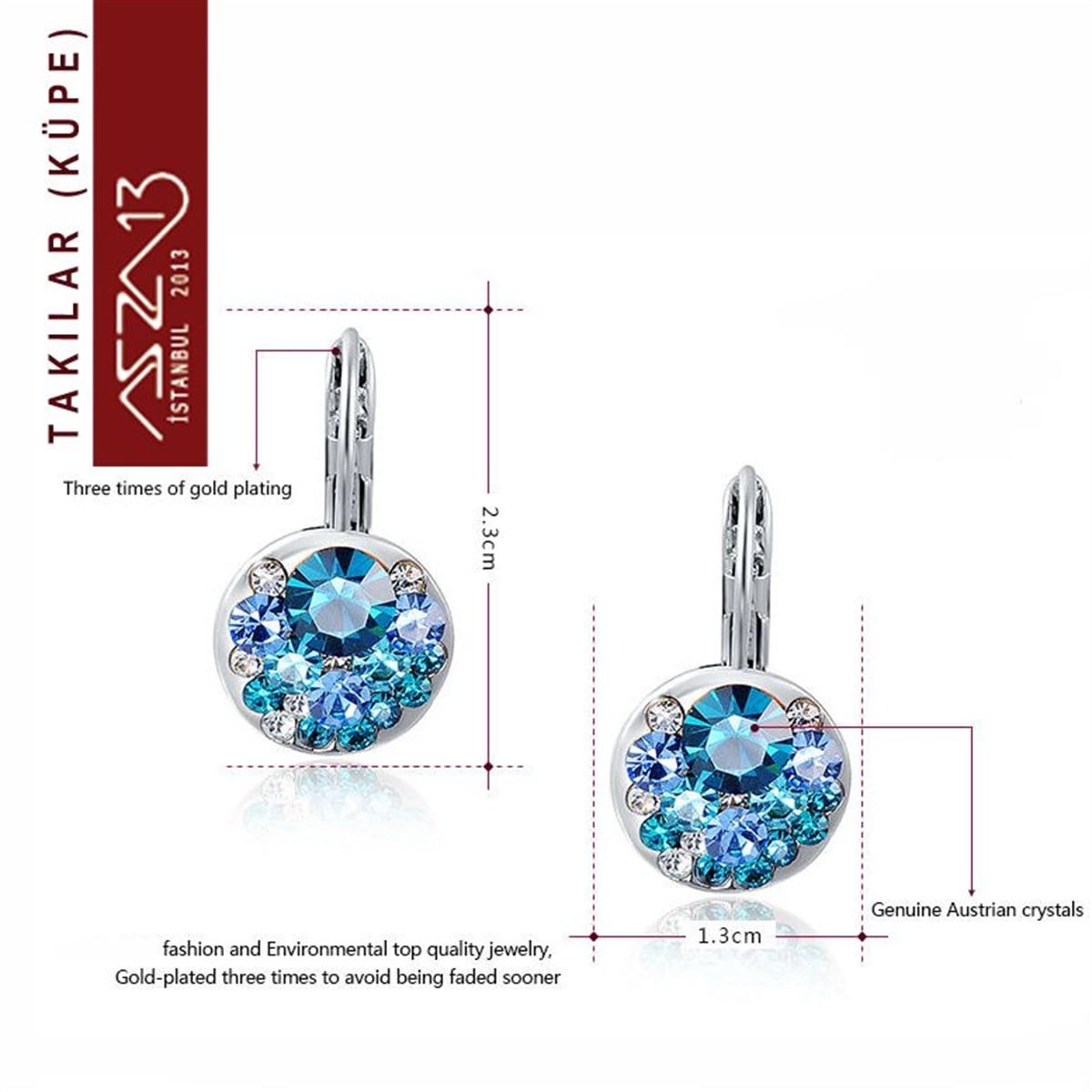 Akuamarin Kristal Taşlı Platinyum Sallantı Küpe