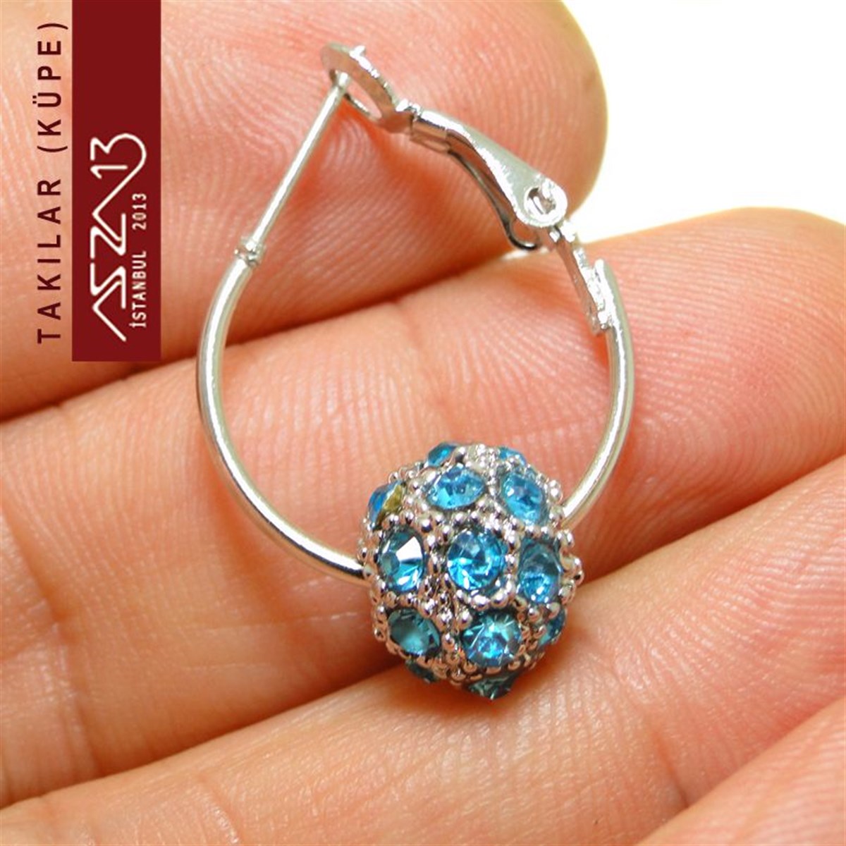 Blue Zircon Kristal Şambala Paveli Gümüş Halka Küpe