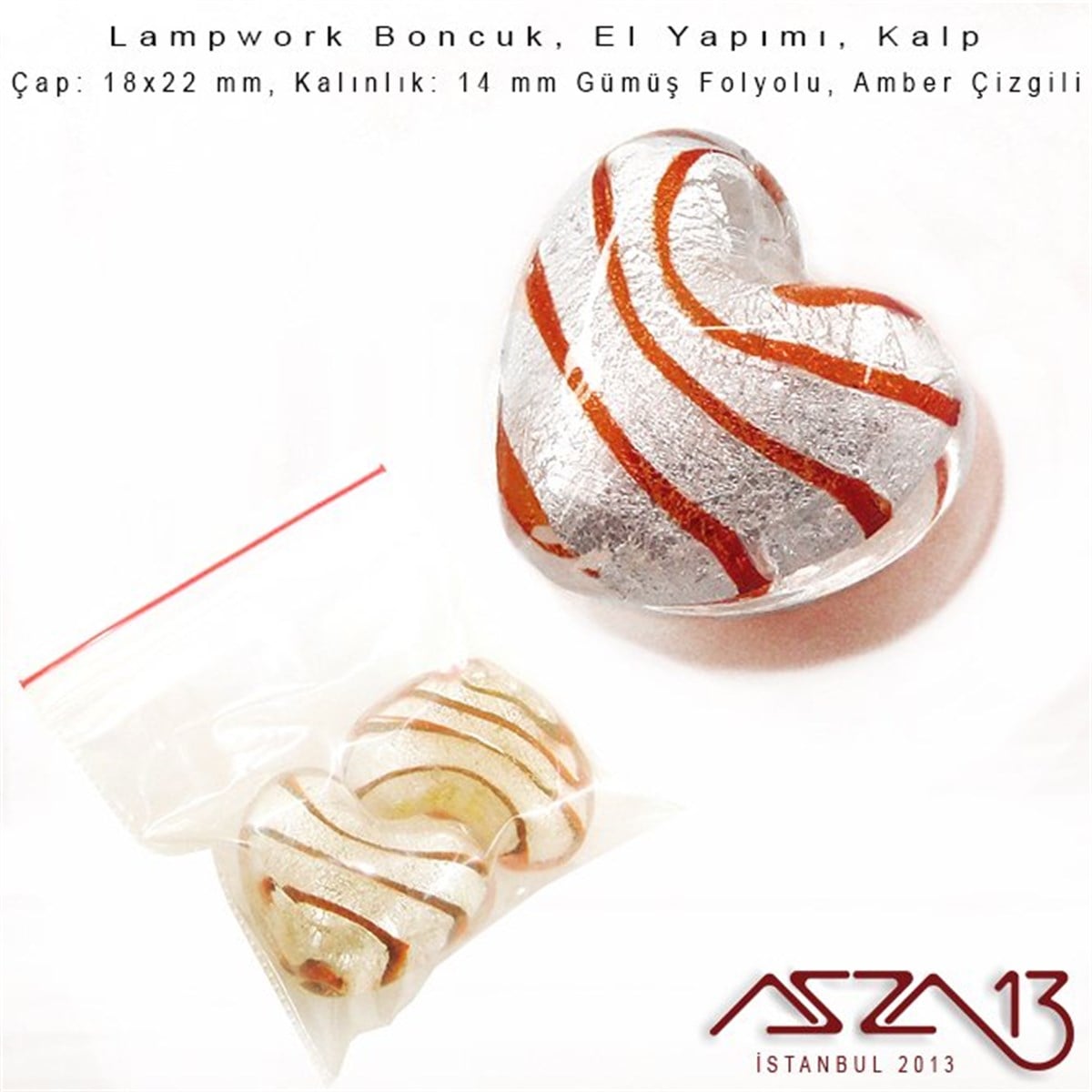 Amber, Kalp, 18x22 mm Lampwork Boncuk / Paket İçeriği 2 Adet