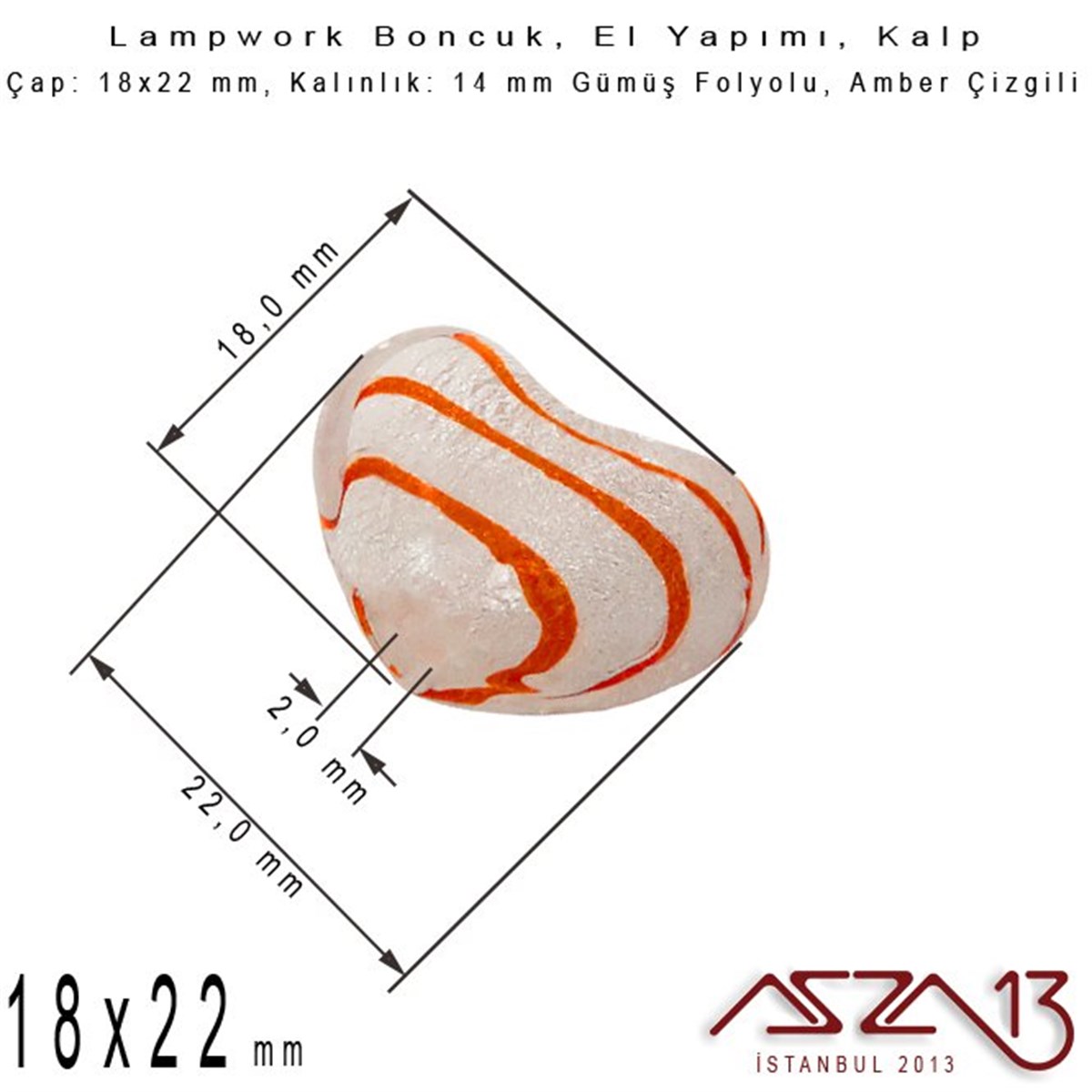 Amber, Kalp, 18x22 mm Lampwork Boncuk / Paket İçeriği 2 Adet