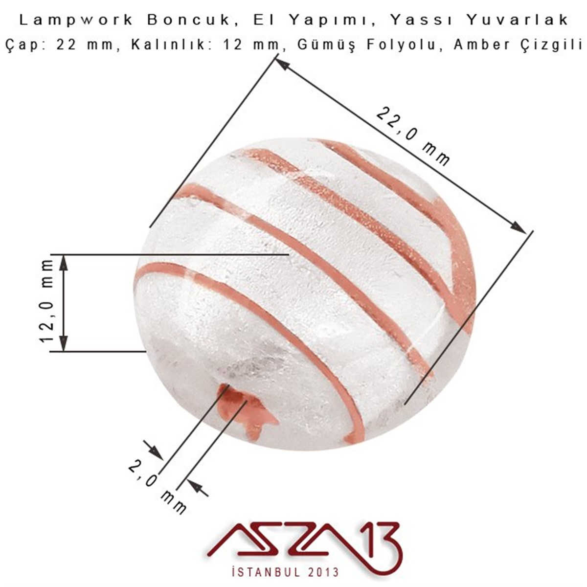 Amber, Yassı Yuvarlak, 22 mm Lampwork Boncuk / Paket İçeriği 3 Adet