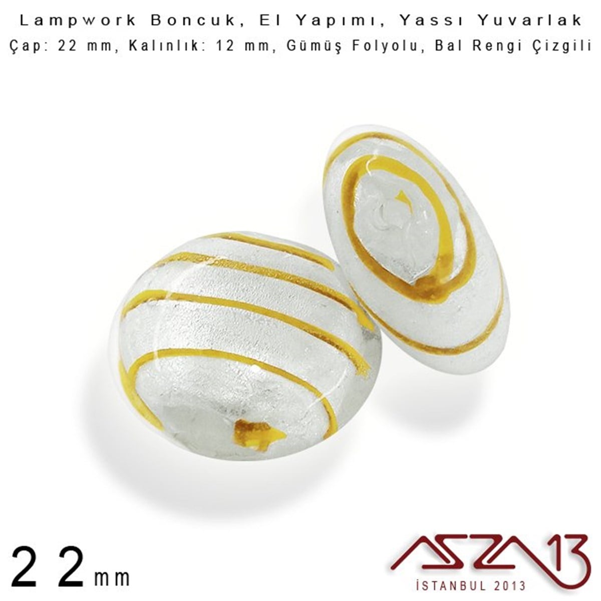 Bal Rengi, Yassı Yuvarlak, 22 mm Lampwork Boncuk / Paket İçeriği 3 Adet