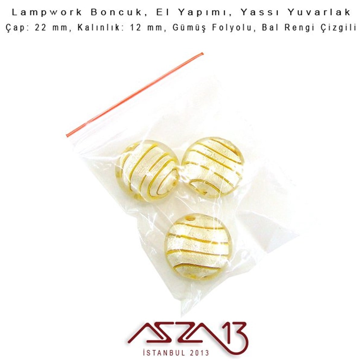 Bal Rengi, Yassı Yuvarlak, 22 mm Lampwork Boncuk / Paket İçeriği 3 Adet