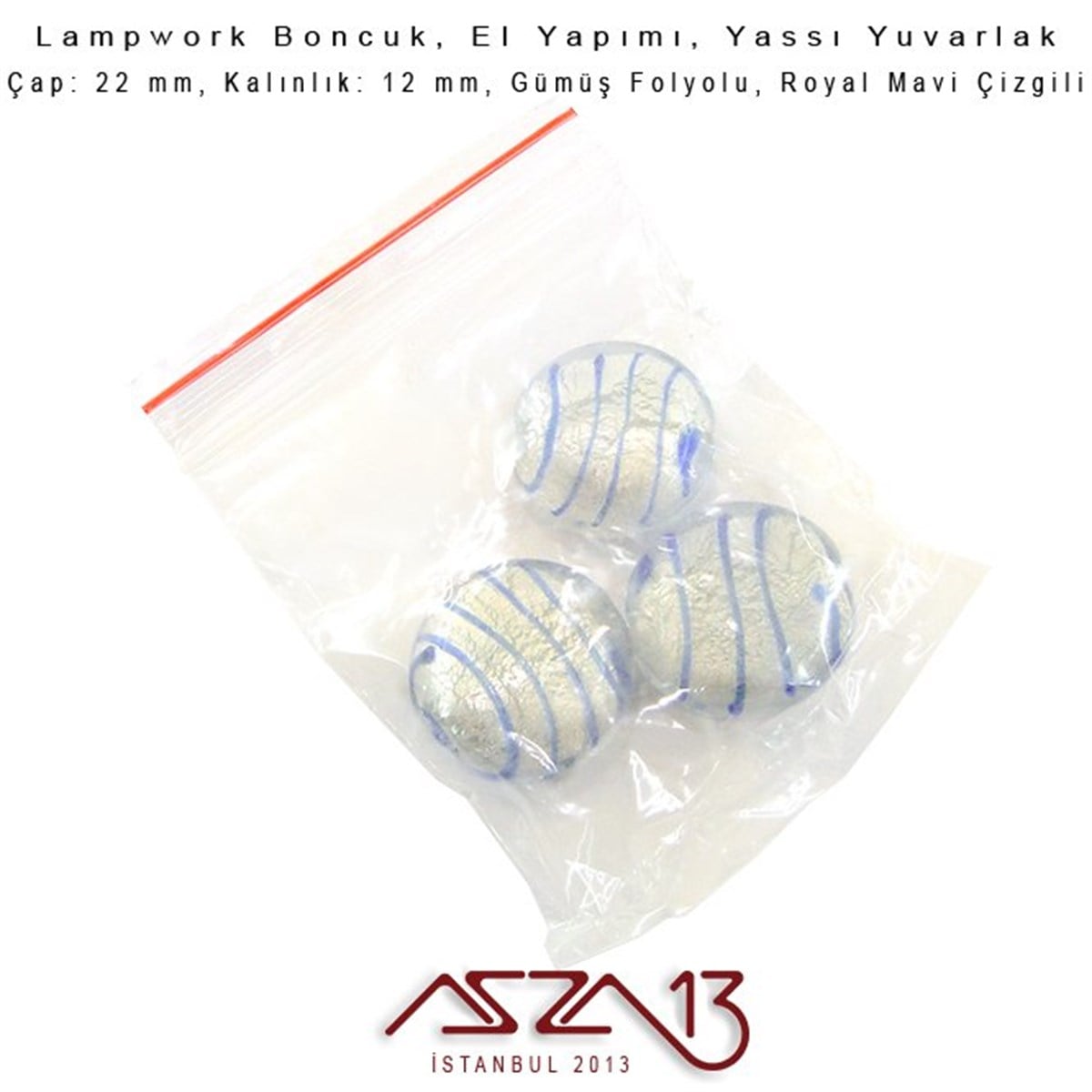 Royal Mavi, Yassı Yuvarlak, 22 mm Lampwork Boncuk / Paket İçeriği 3 Adet