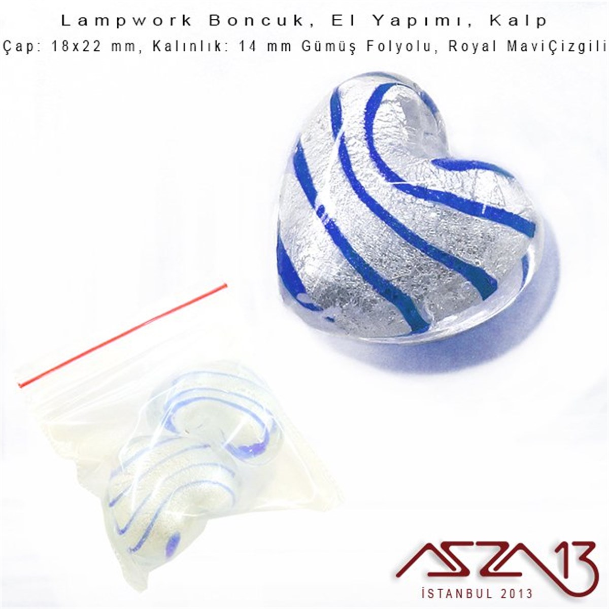 Royal Mavi, Kalp, 18x22 mm Lampwork Boncuk / Paket İçeriği 2 Adet