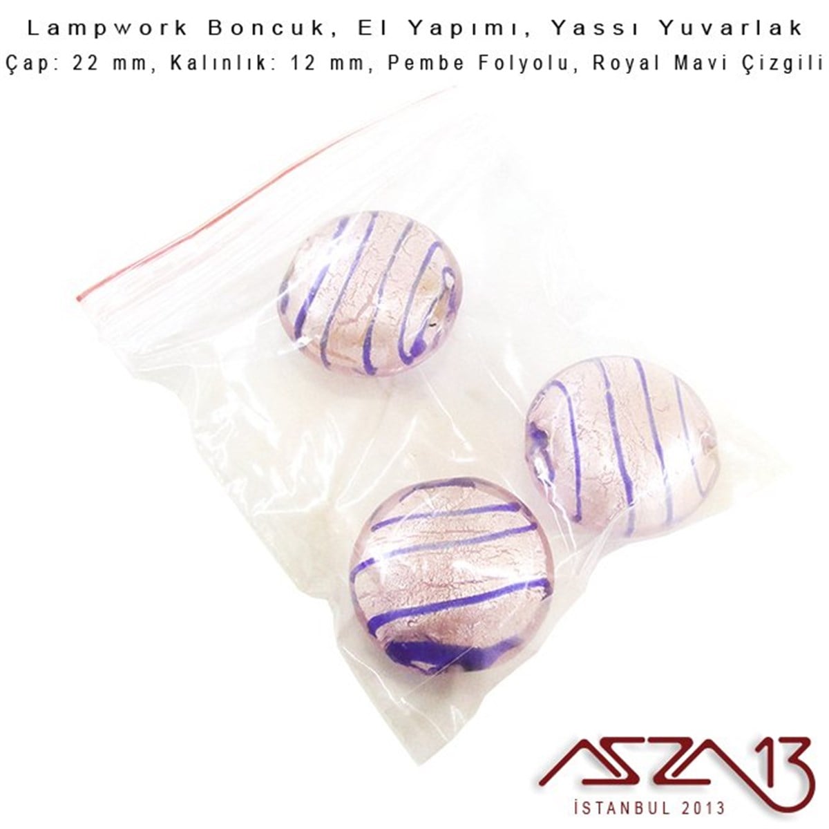 Royal Mavi-Pembe, Yassı Yuvarlak, 22 mm Lampwork Boncuk / Paket İçeriği 3 Adet