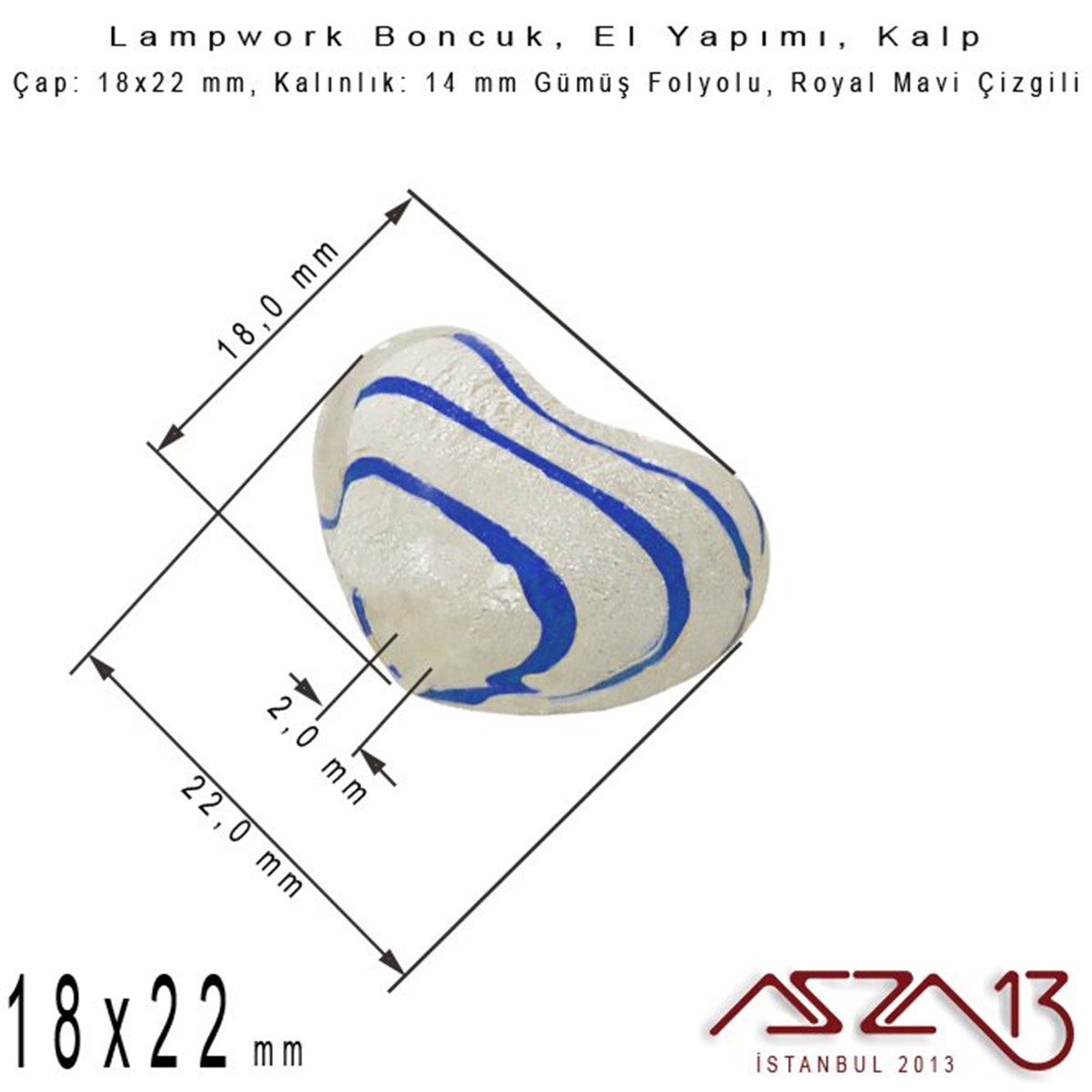 Royal Mavi, Kalp, 18x22 mm Lampwork Boncuk / Paket İçeriği 2 Adet