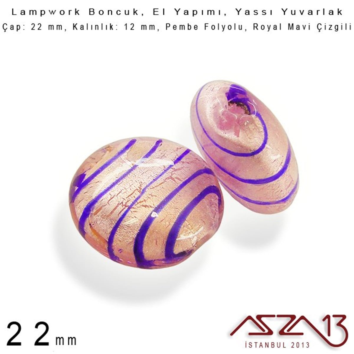 Royal Mavi-Pembe, Yassı Yuvarlak, 22 mm Lampwork Boncuk / Paket İçeriği 3 Adet