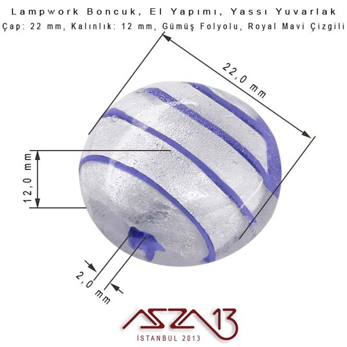 Royal Mavi, Yassı Yuvarlak, 22 mm Lampwork Boncuk / Paket İçeriği 3 Adet