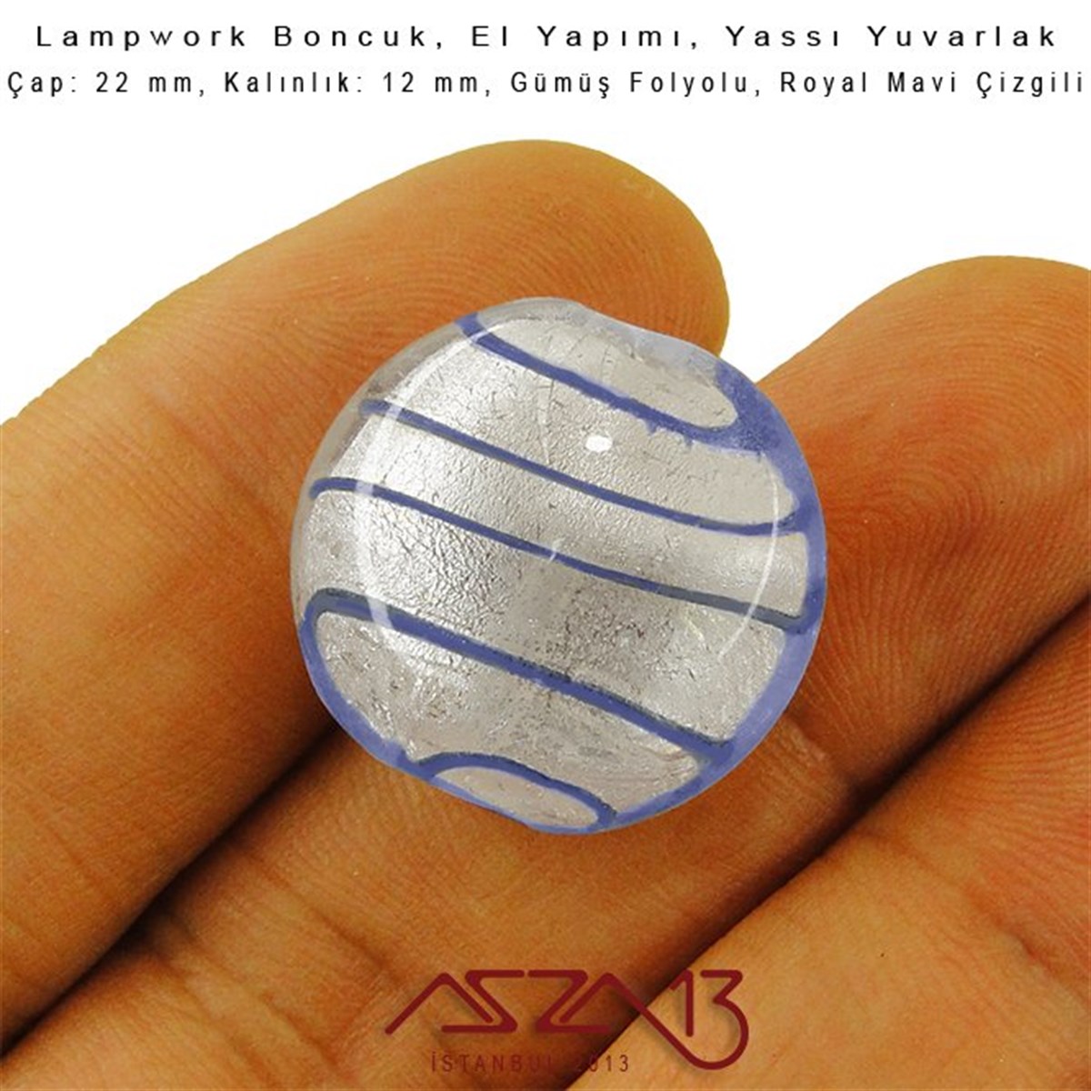 Royal Mavi, Yassı Yuvarlak, 22 mm Lampwork Boncuk / Paket İçeriği 3 Adet