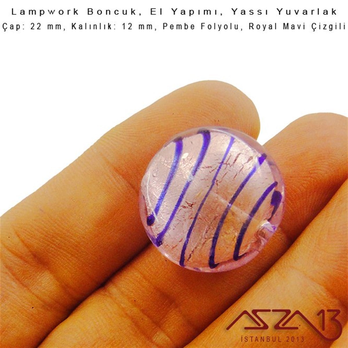 Royal Mavi-Pembe, Yassı Yuvarlak, 22 mm Lampwork Boncuk / Paket İçeriği 3 Adet