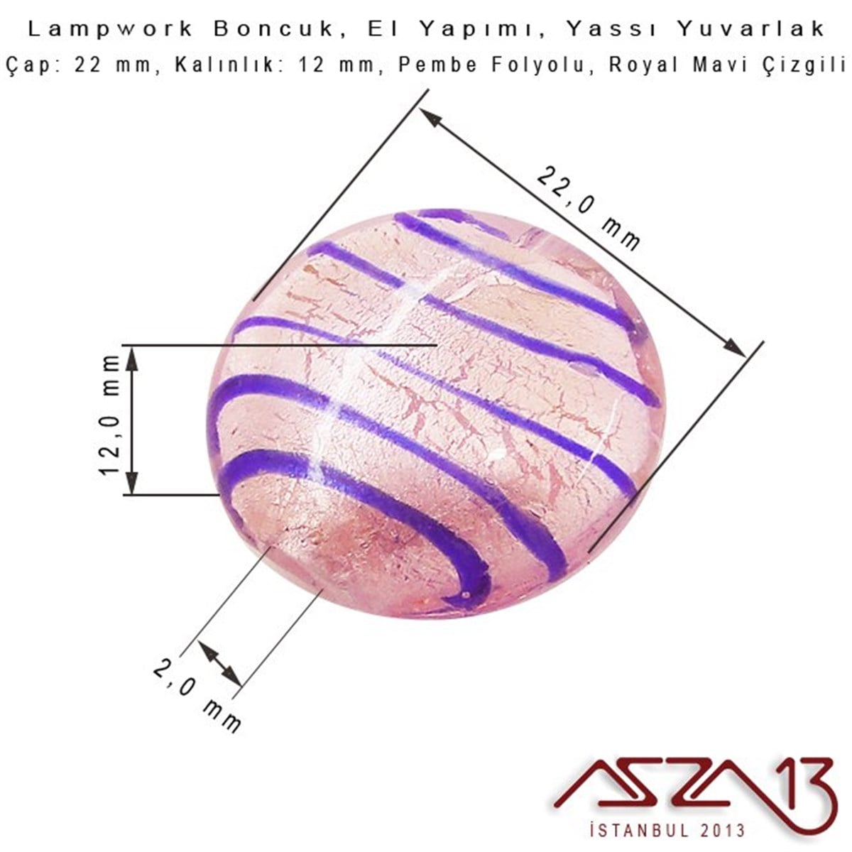 Royal Mavi-Pembe, Yassı Yuvarlak, 22 mm Lampwork Boncuk / Paket İçeriği 3 Adet