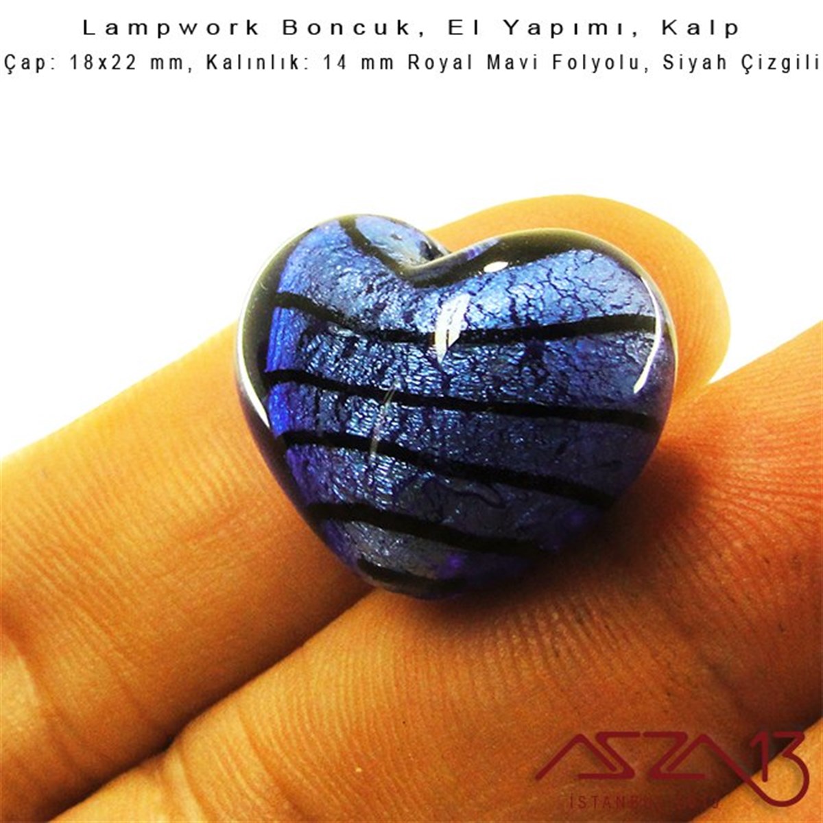 Siyah-Royal Mavi, Kalp, 18x22 mm Lampwork Boncuk / Paket İçeriği 2 Adet