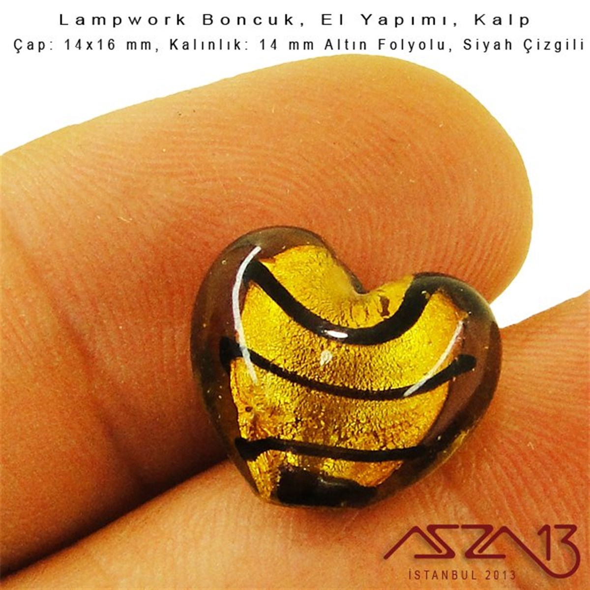 Siyah-Altın, Kalp, 14x16 mm Lampwork Boncuk / Paket İçeriği 3 Adet