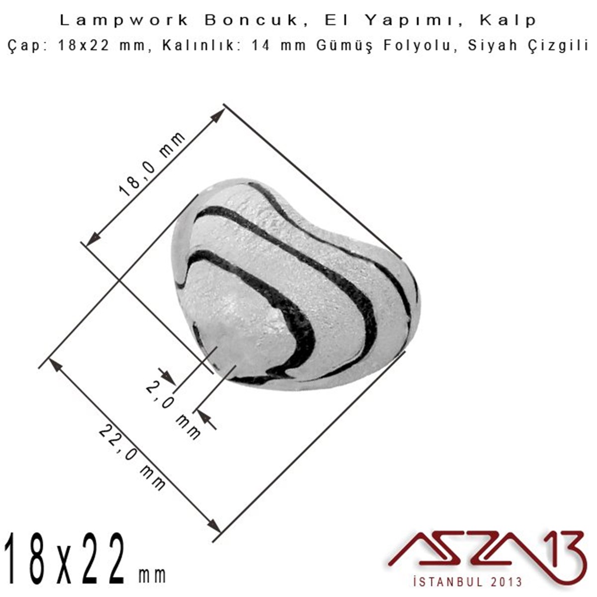 Siyah, Kalp, 18x22 mm Lampwork Boncuk / Paket İçeriği 2 Adet