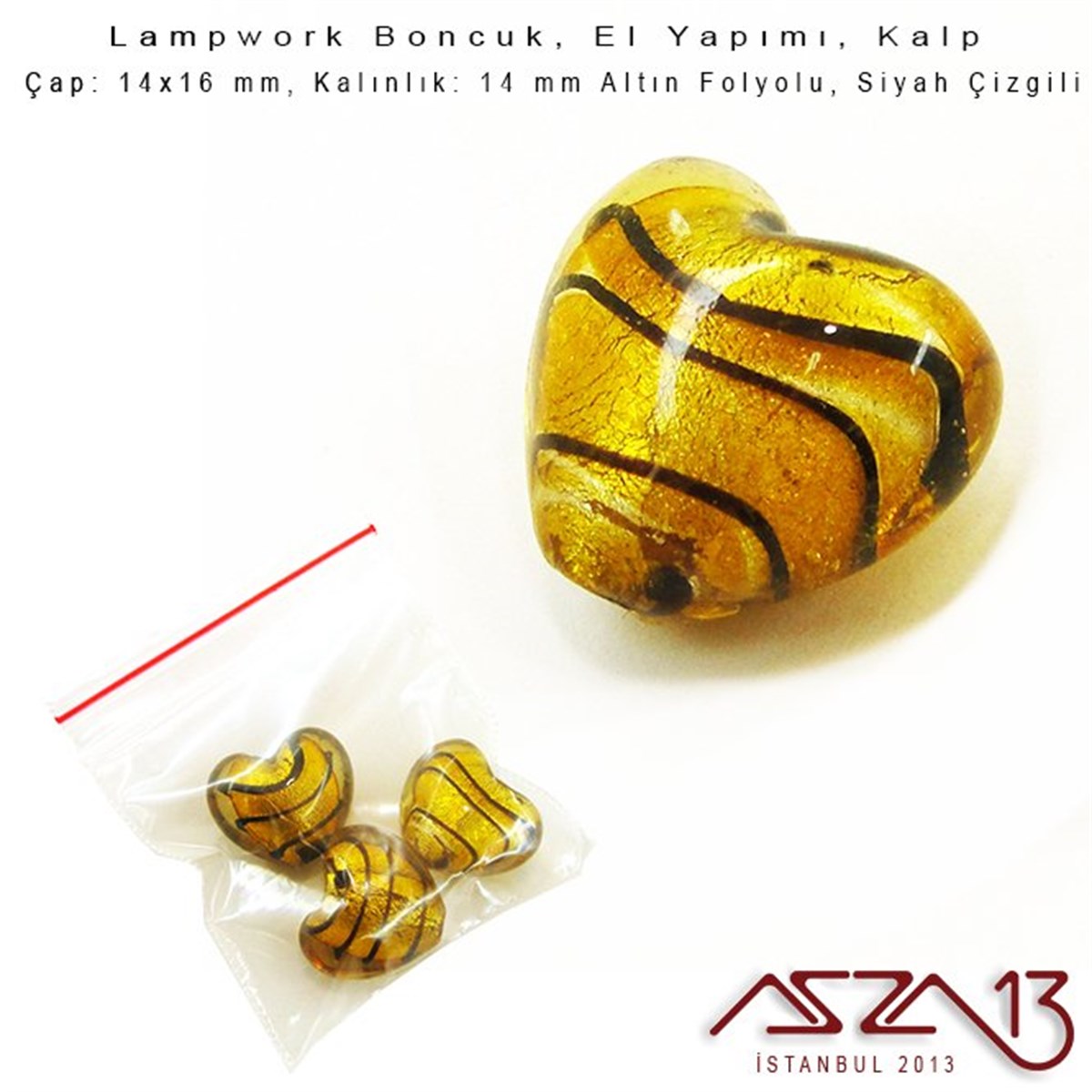 Siyah-Altın, Kalp, 14x16 mm Lampwork Boncuk / Paket İçeriği 3 Adet