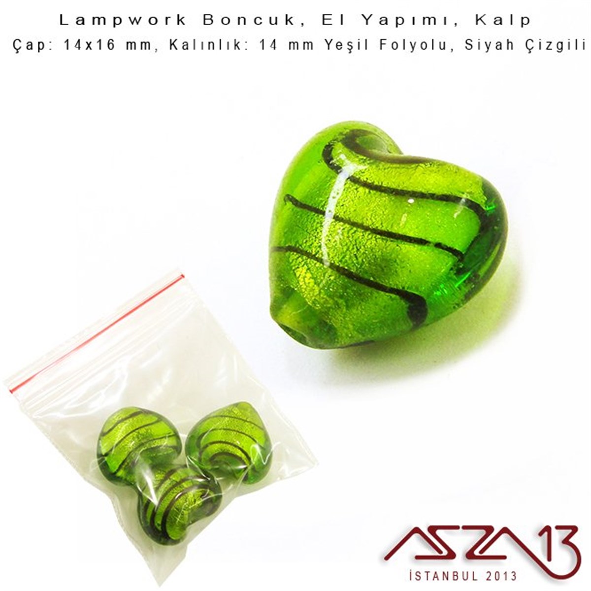 Siyah-Yeşil, Kalp, 14x16 mm Lampwork Boncuk / Paket İçeriği 3 Adet
