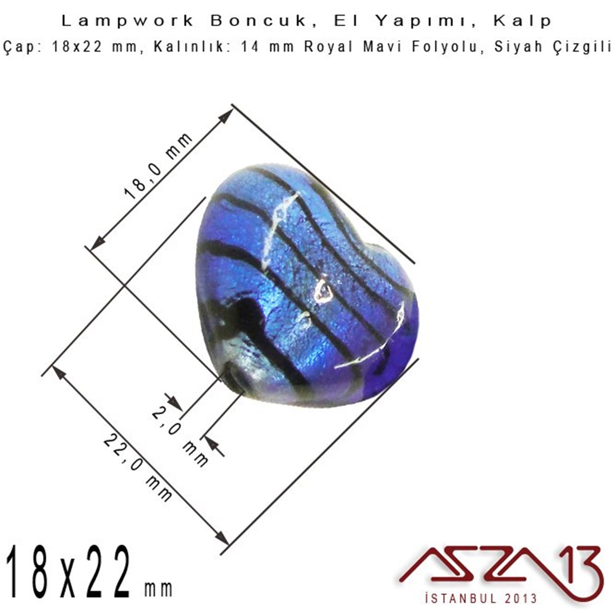 Siyah-Royal Mavi, Kalp, 18x22 mm Lampwork Boncuk / Paket İçeriği 2 Adet