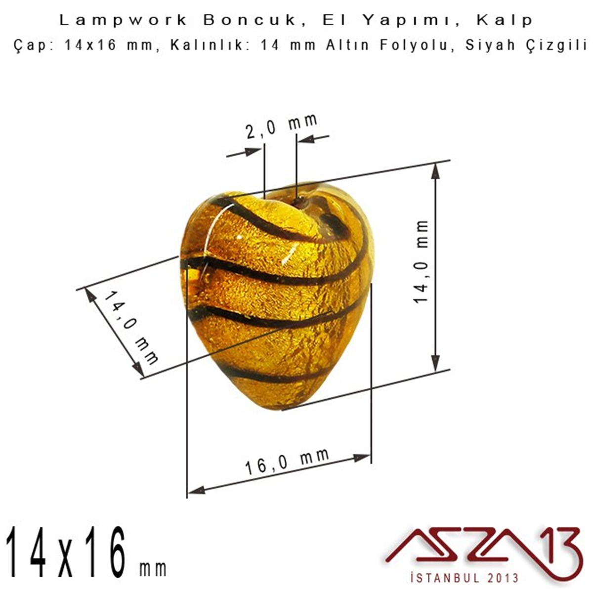 Siyah-Altın, Kalp, 14x16 mm Lampwork Boncuk / Paket İçeriği 3 Adet