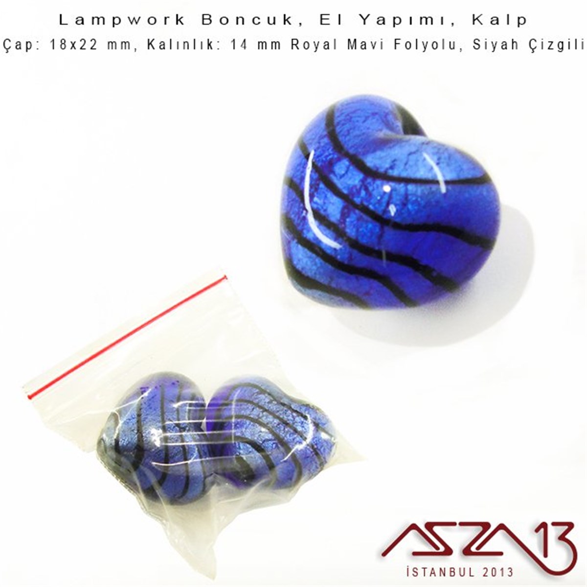 Siyah-Royal Mavi, Kalp, 18x22 mm Lampwork Boncuk / Paket İçeriği 2 Adet