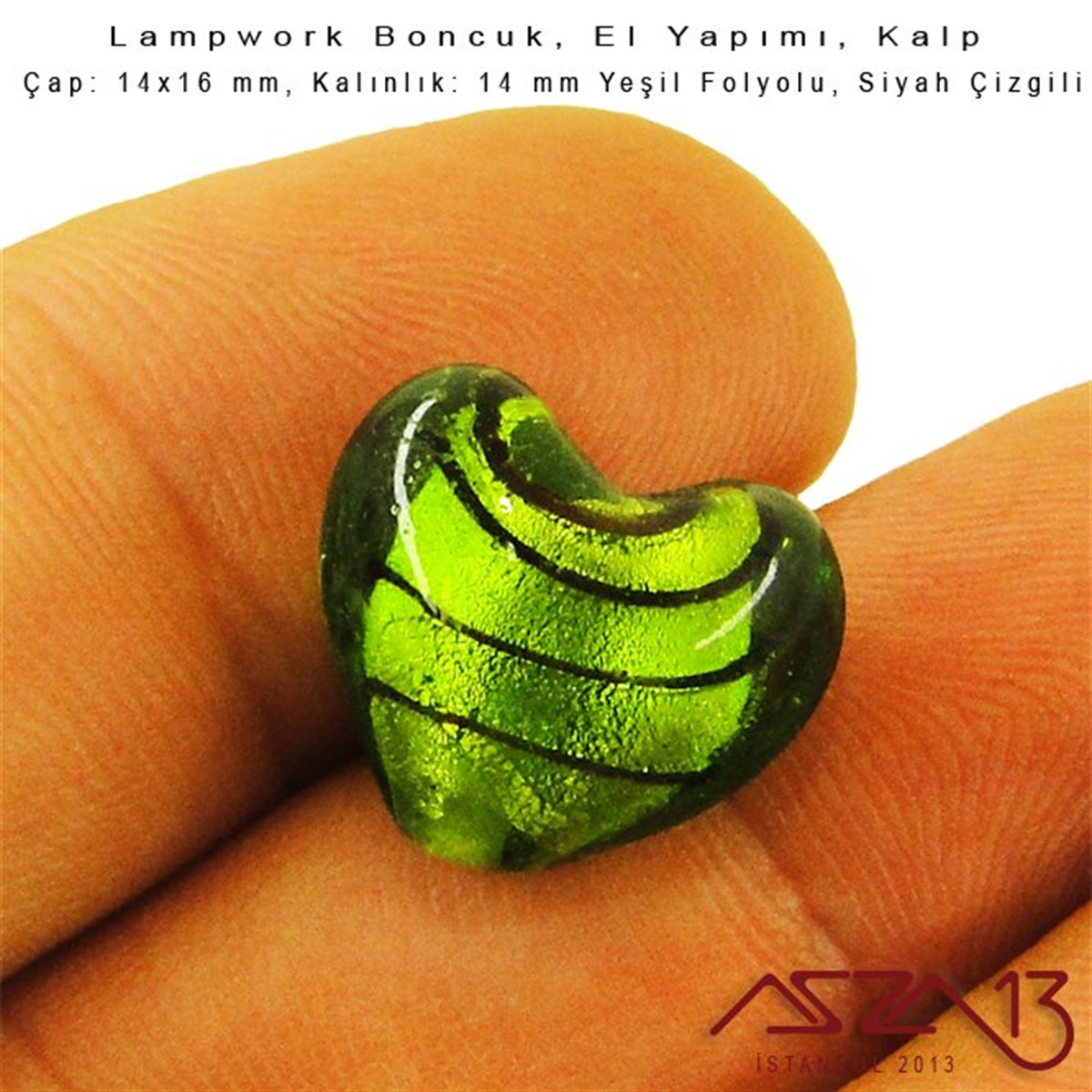 Siyah-Yeşil, Kalp, 14x16 mm Lampwork Boncuk / Paket İçeriği 3 Adet