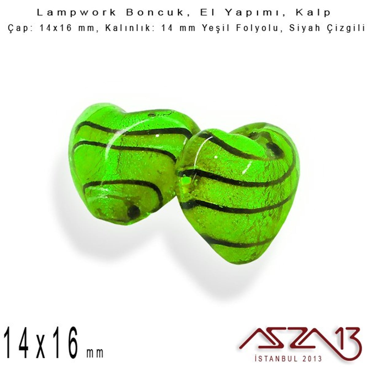 Siyah-Yeşil, Kalp, 14x16 mm Lampwork Boncuk / Paket İçeriği 3 Adet